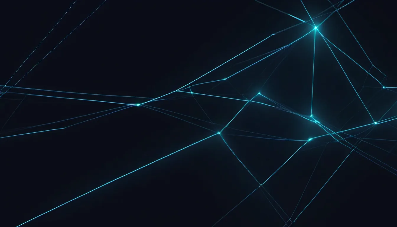 Abstract hub binding lattice illustration in aqua-cyan on dark navy — decorative header for Zigbee and Z-Wave Water Leak Sensors Compared